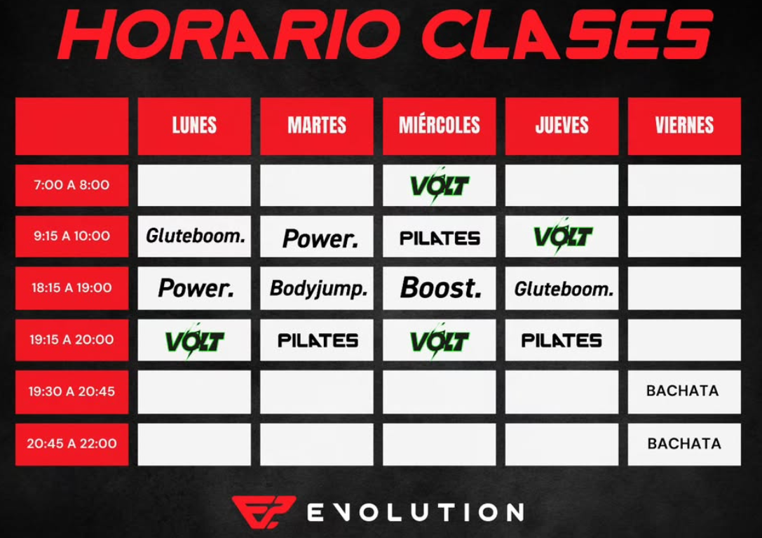 Horario de clases de Evolution Fitness Center